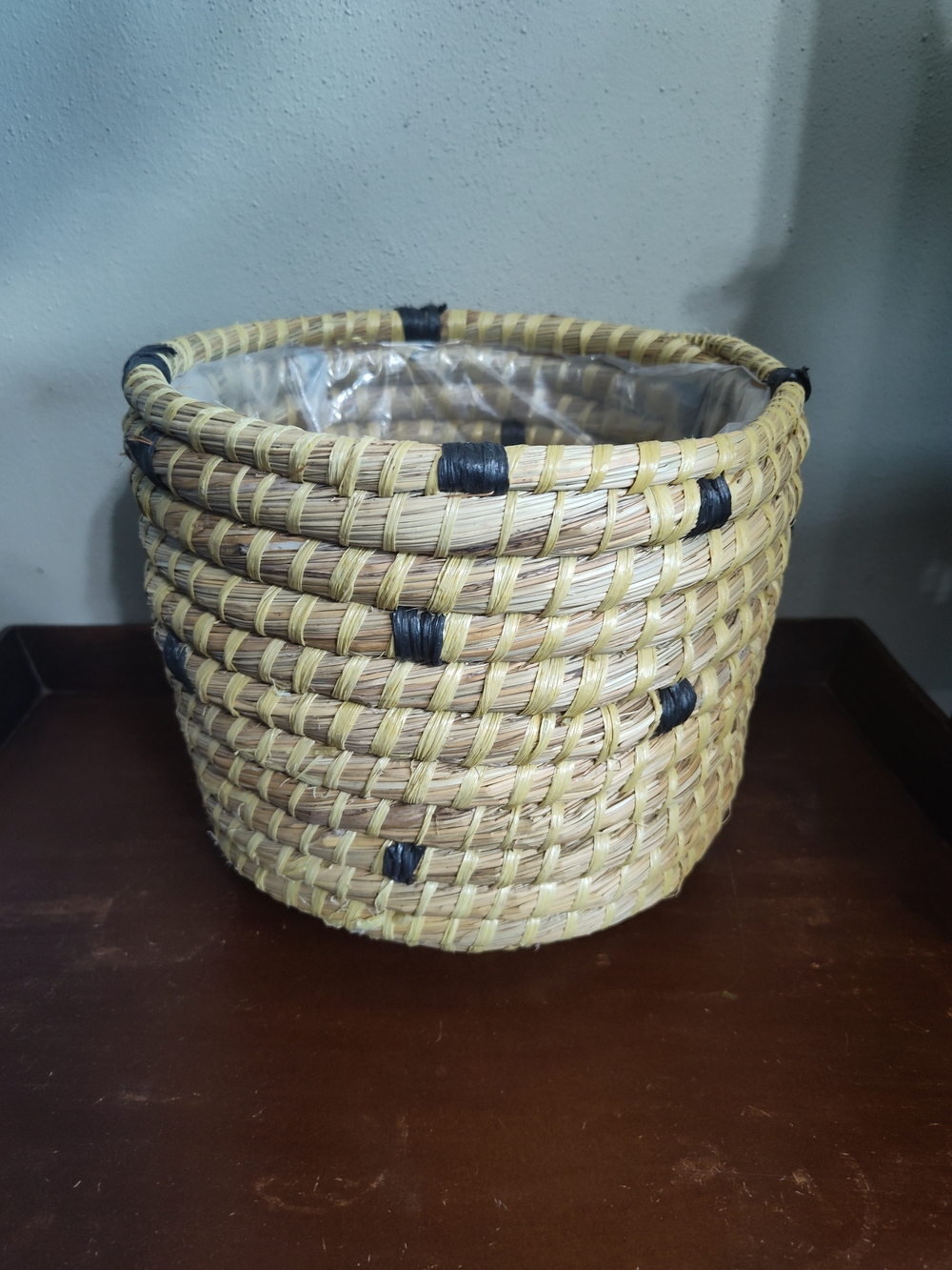 Natural Woven Planter Basket with Black Accents